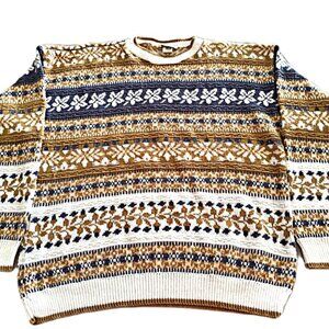 Men's Arielle Crewneck Frosty Fair Isle Sweater - Cream Tan Blue Peach size L